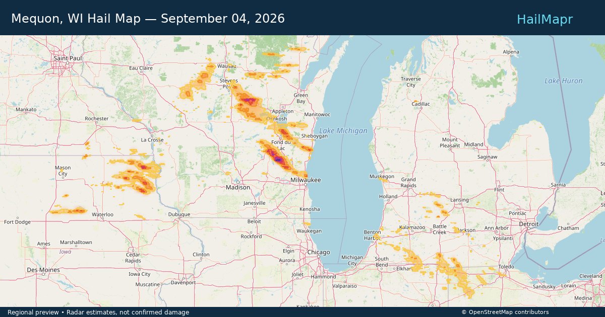 Mequon, WI Hail Map — September 04, 2026 — regional heatmap and storm polygons