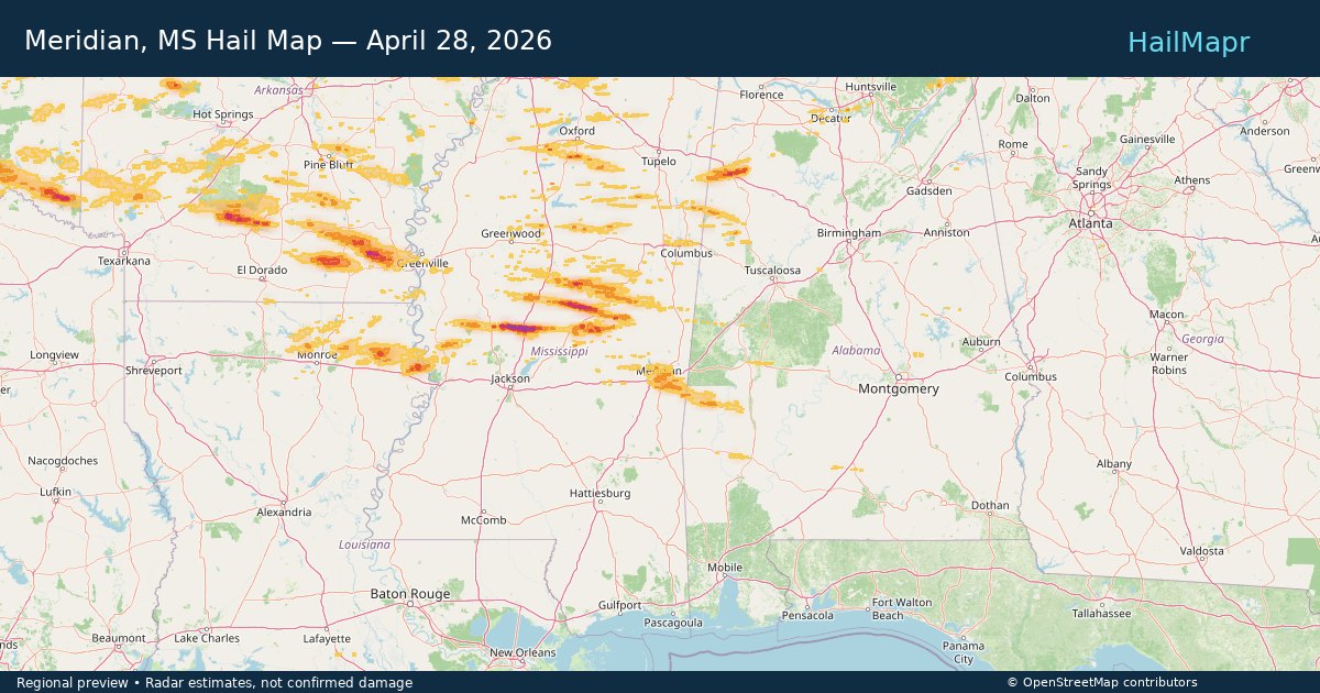 Meridian, MS Hail Map — April 28, 2026 — regional heatmap and storm polygons