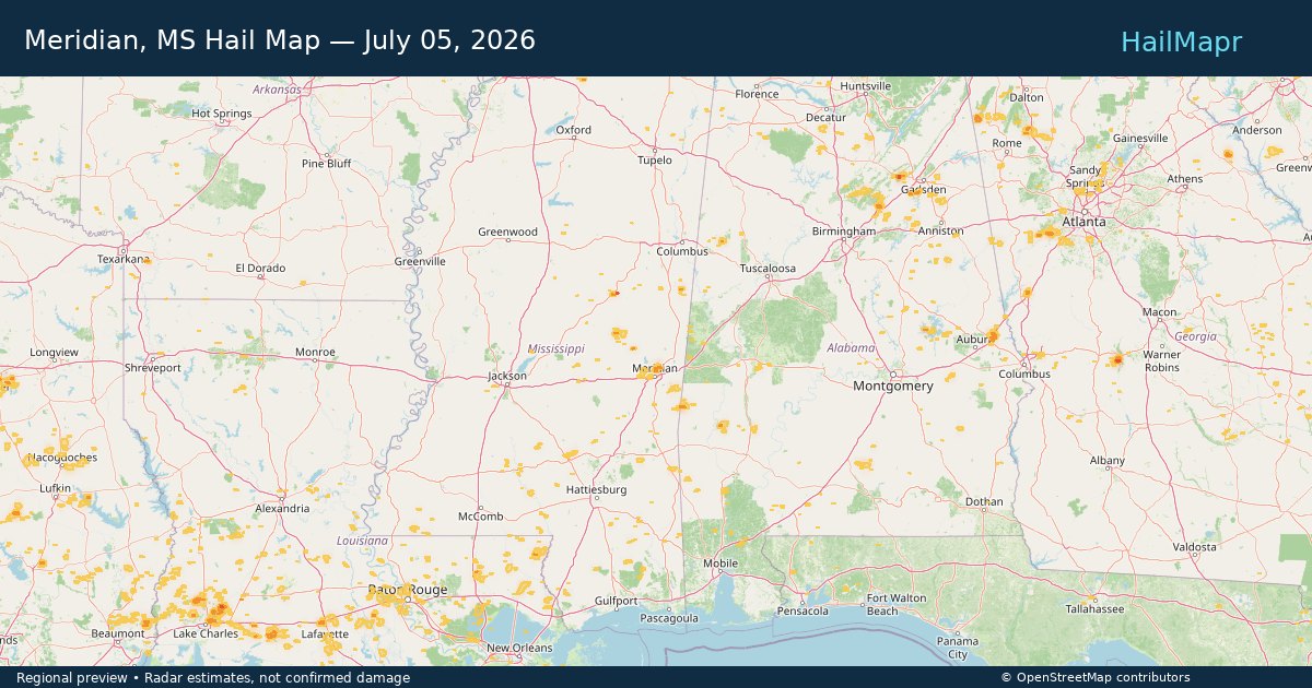 Meridian, MS Hail Map — July 05, 2026 — regional heatmap and storm polygons