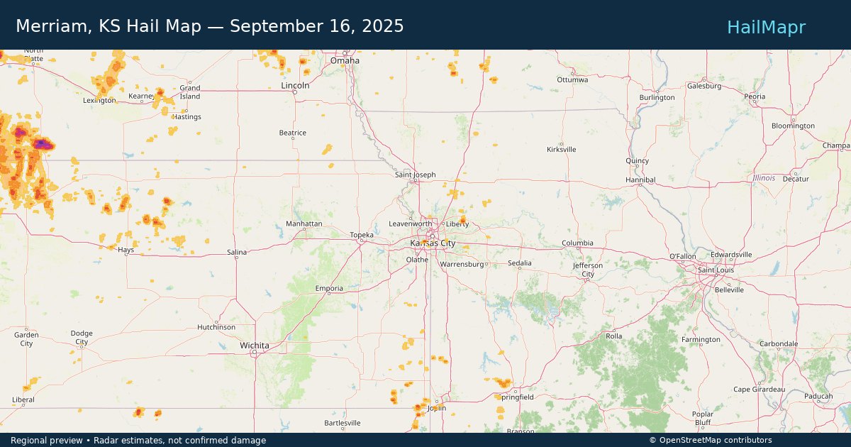 Merriam, KS Hail Map — September 16, 2025 — regional heatmap and storm polygons