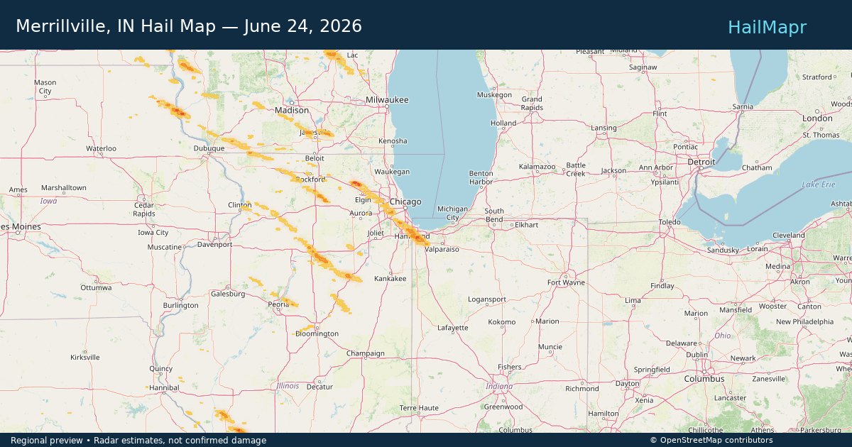 Merrillville, IN Hail Map — June 24, 2026 — regional heatmap and storm polygons