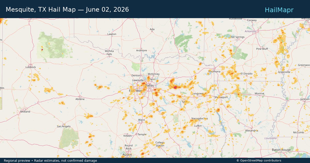 Mesquite, TX Hail Map — June 02, 2026 — regional heatmap and storm polygons