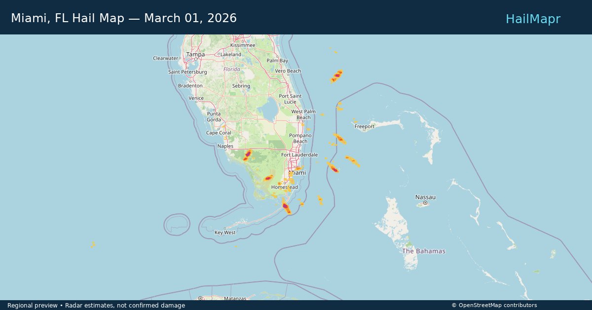 Miami, FL Hail Map — March 01, 2026 — regional heatmap and storm polygons