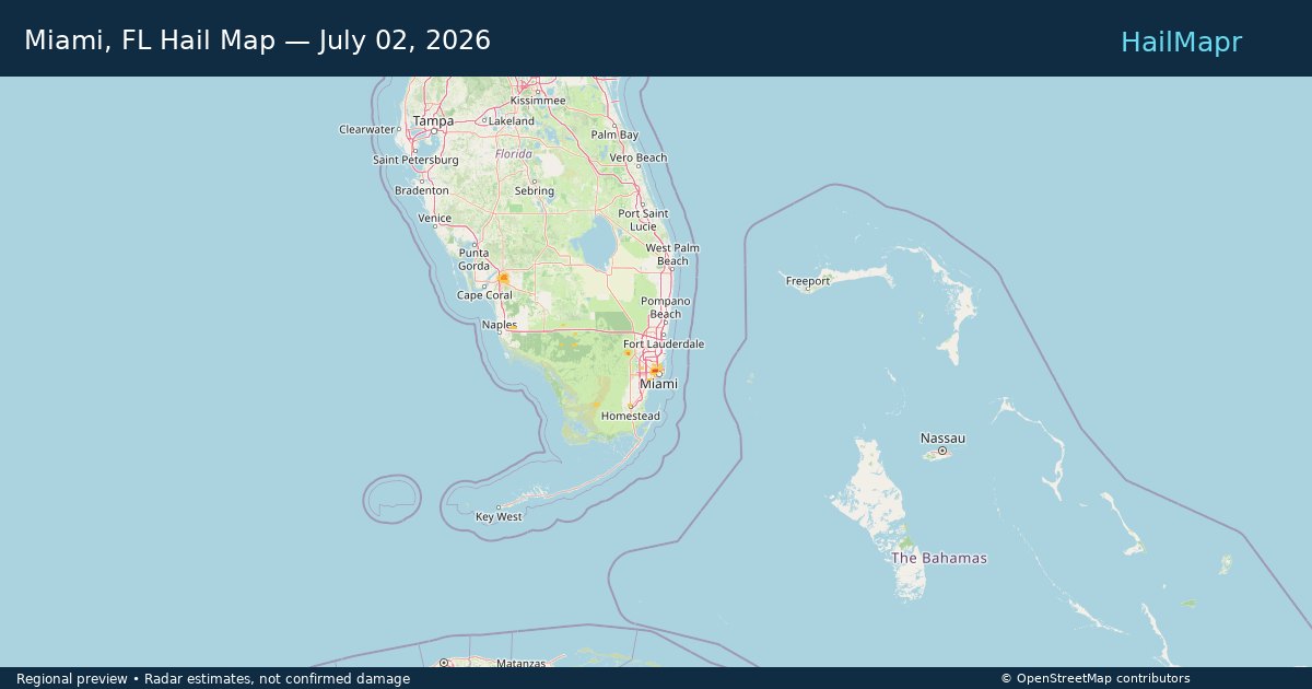Miami, FL Hail Map — July 02, 2026 — regional heatmap and storm polygons