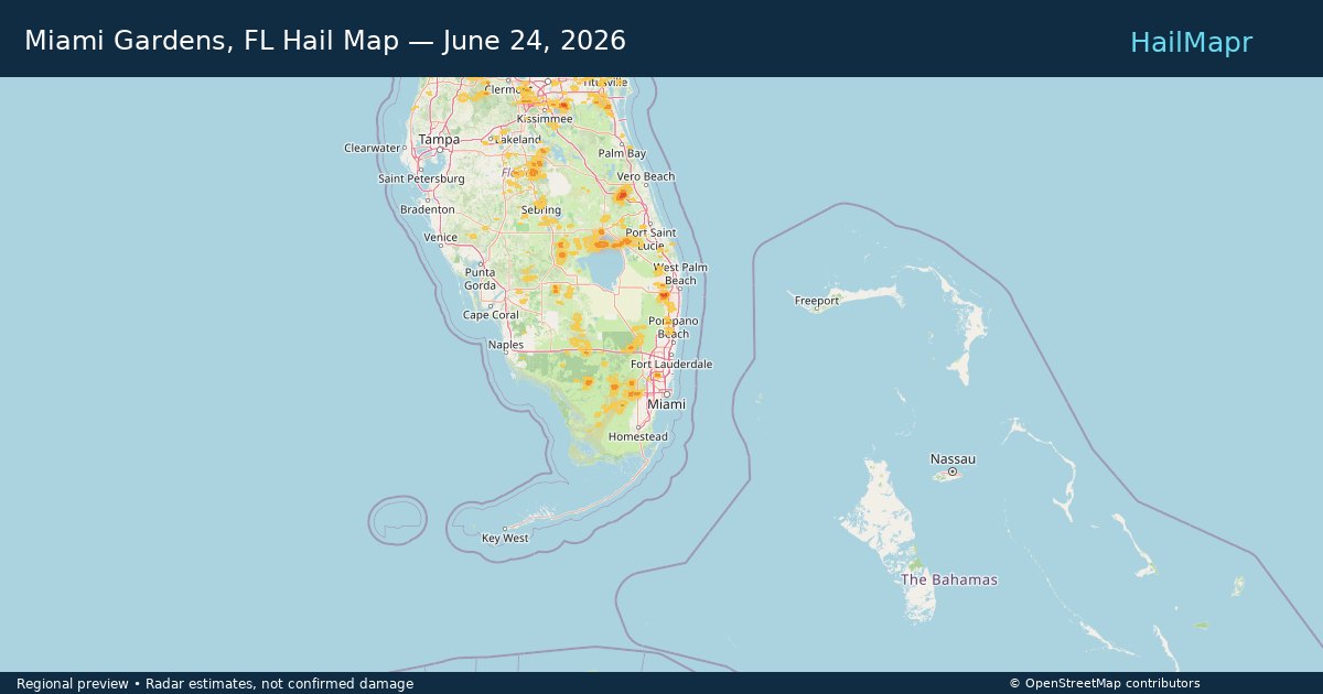 Miami Gardens, FL Hail Map — June 24, 2026 — regional heatmap and storm polygons