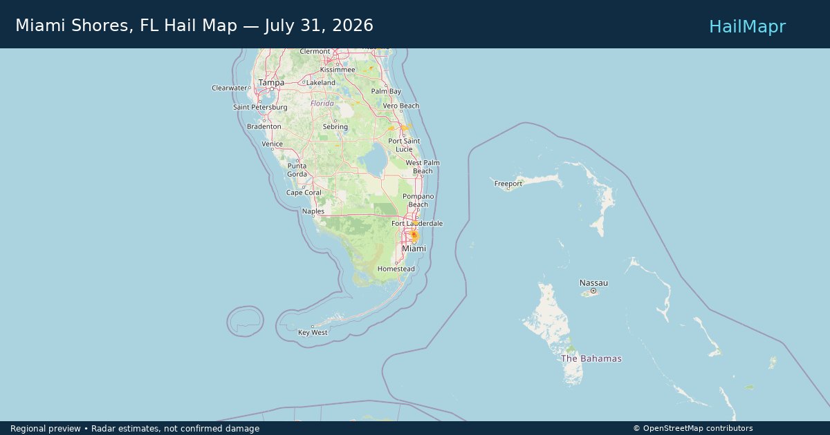 Miami Shores, FL Hail Map — July 31, 2026 — regional heatmap and storm polygons