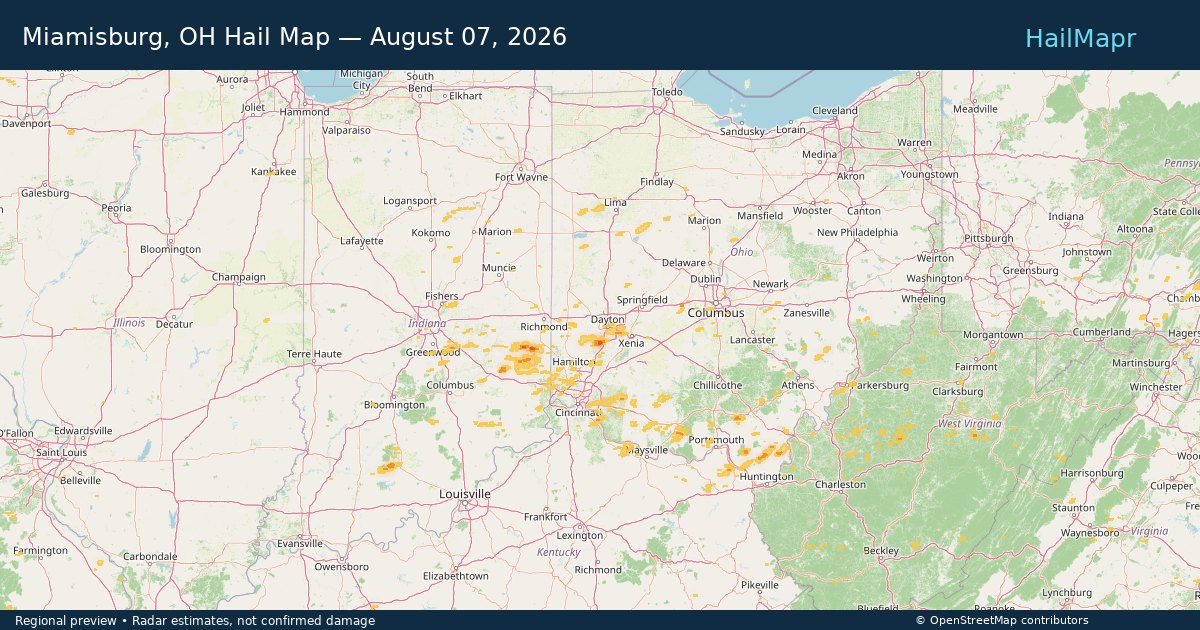 Miamisburg, OH Hail Map — August 07, 2026 — regional heatmap and storm polygons