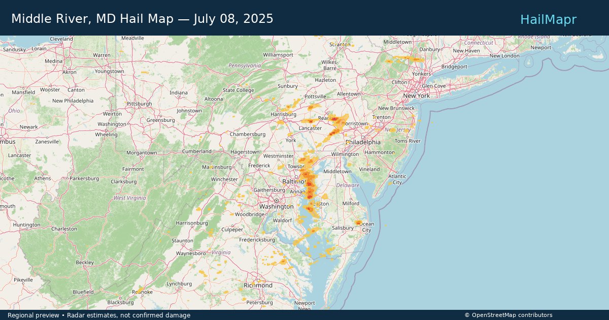 Middle River, MD Hail Map — July 08, 2025 — regional heatmap and storm polygons