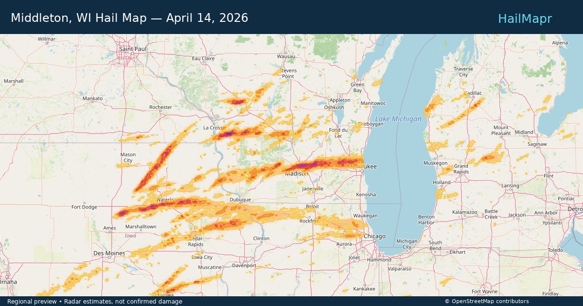 Middleton, WI Hail Map — April 14, 2026 — regional heatmap and storm polygons