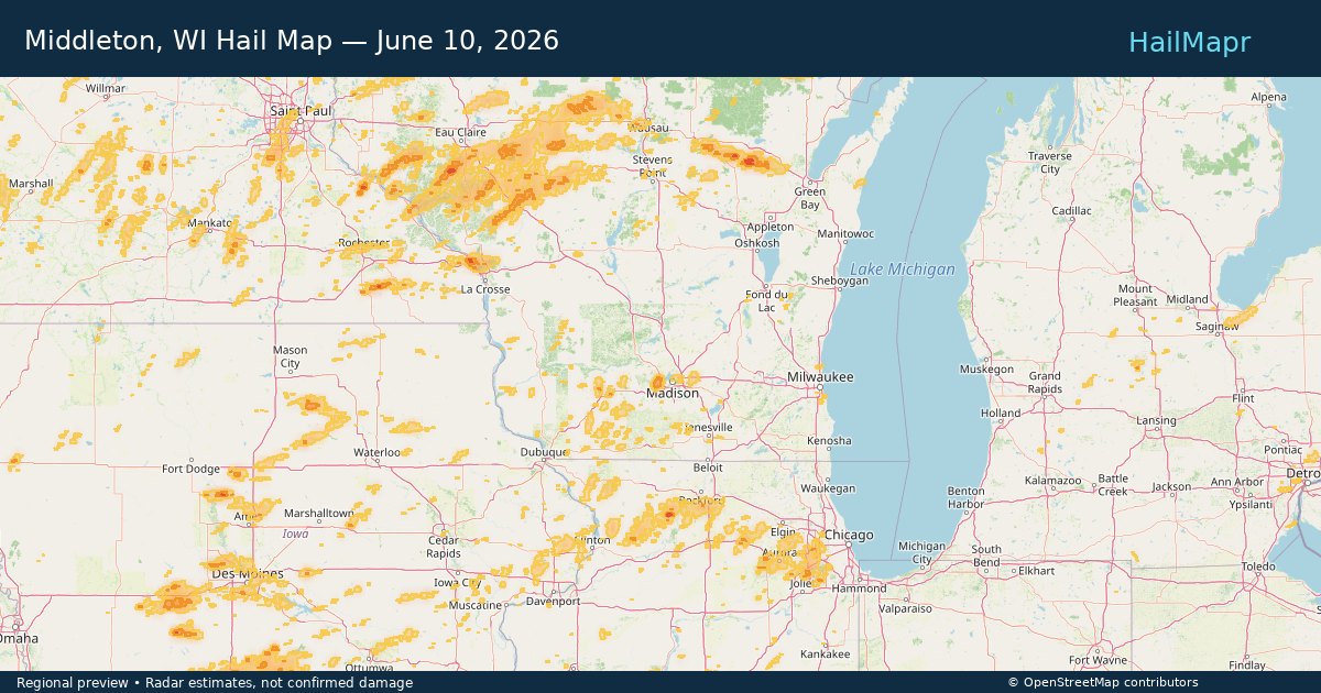 Middleton, WI Hail Map — June 10, 2026 — regional heatmap and storm polygons