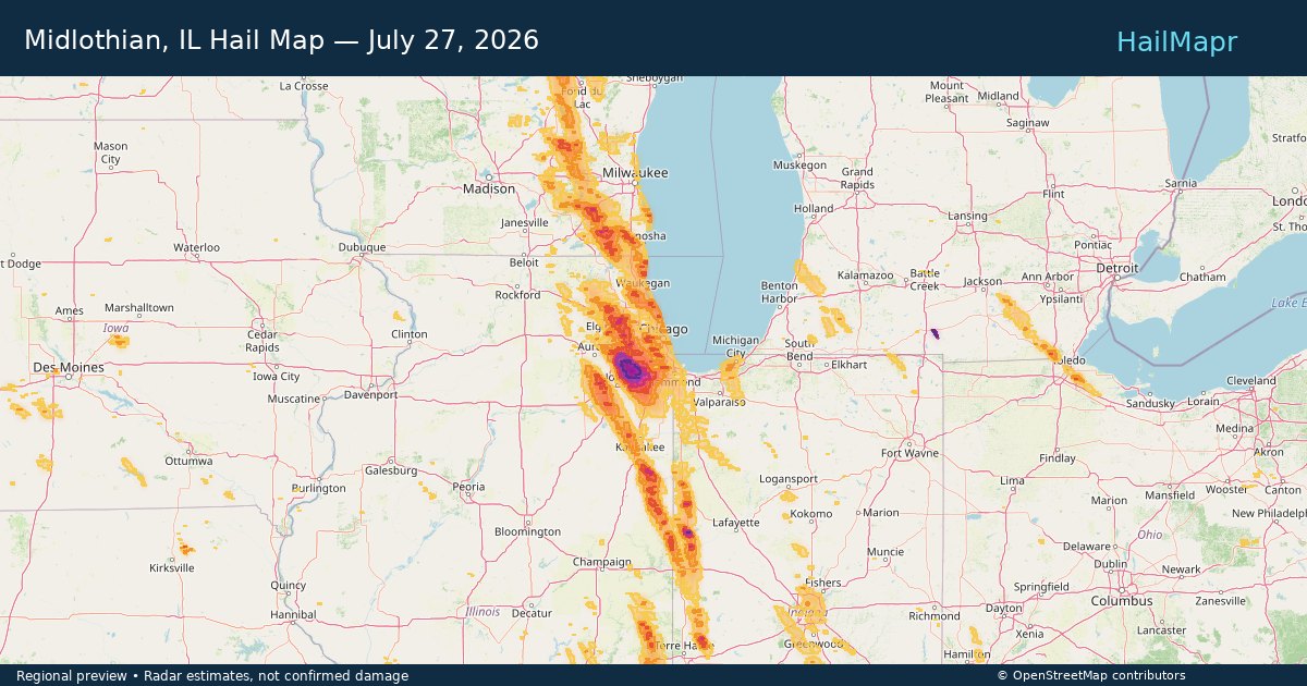 Midlothian, IL Hail Map — July 27, 2026 — regional heatmap and storm polygons