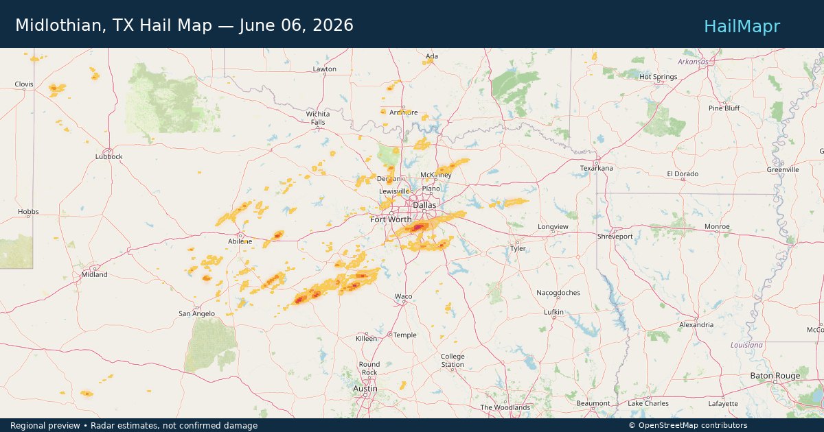 Midlothian, TX Hail Map — June 06, 2026 — regional heatmap and storm polygons