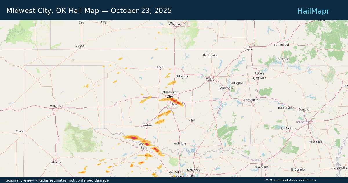 Midwest City, OK — October 23, 2025 — regional hail footprint preview