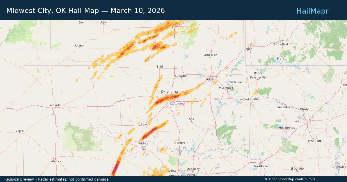 Midwest City, OK Hail Map — March 10, 2026 — regional heatmap and storm polygons