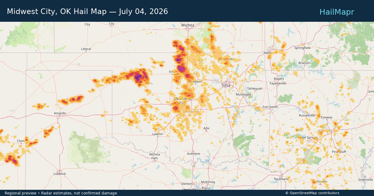 Midwest City, OK Hail Map — July 04, 2026 — regional heatmap and storm polygons