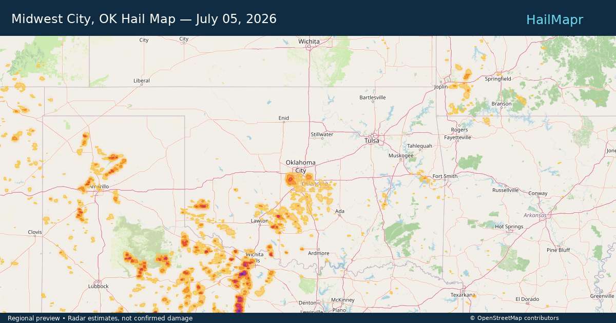 Midwest City, OK Hail Map — July 05, 2026 — regional heatmap and storm polygons