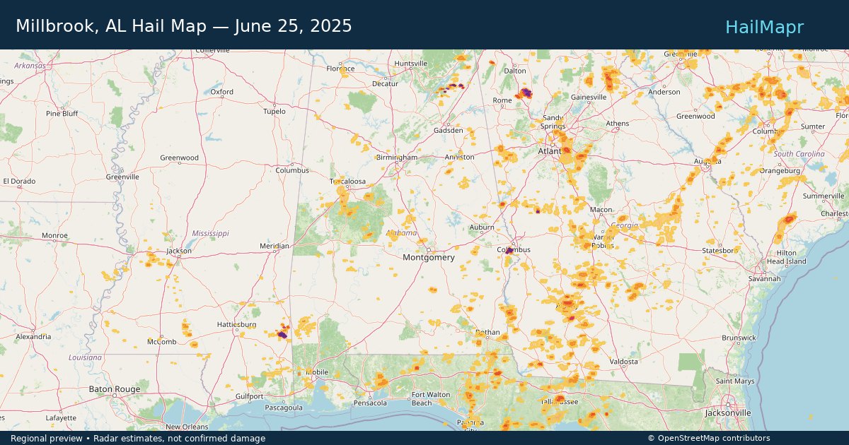 Millbrook, AL Hail Map — June 25, 2025 — regional heatmap and storm polygons