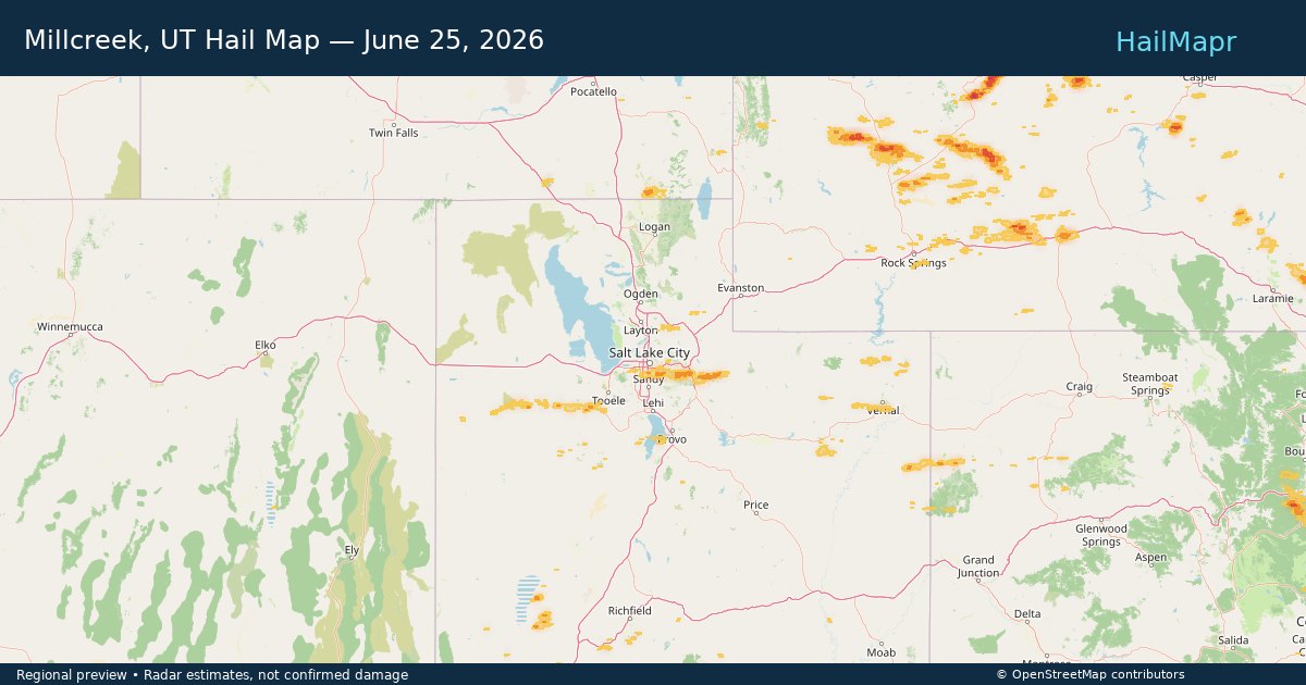 Millcreek, UT Hail Map — June 25, 2026 — regional heatmap and storm polygons