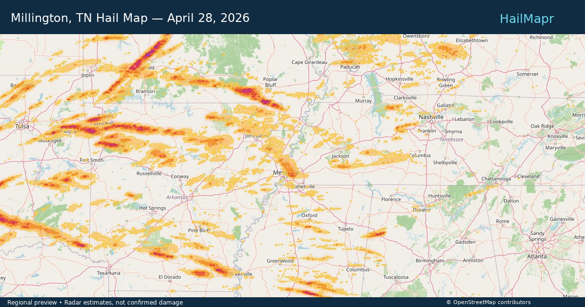 Millington, TN Hail Map — April 28, 2026 — regional heatmap and storm polygons