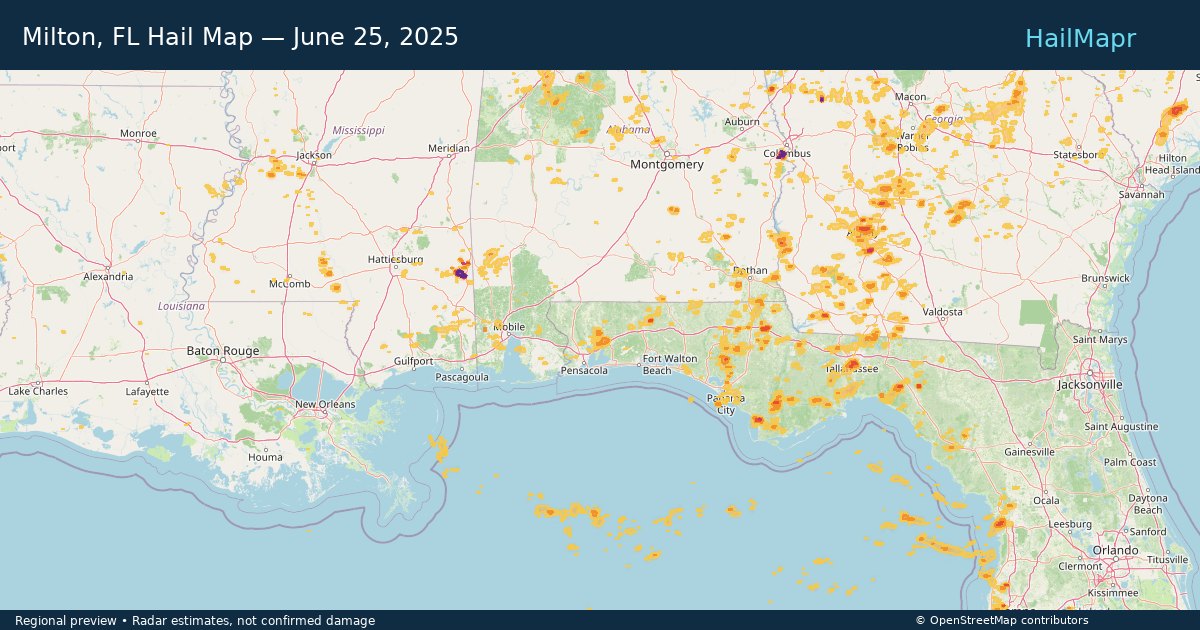 Milton, FL Hail Map — June 25, 2025 — regional heatmap and storm polygons
