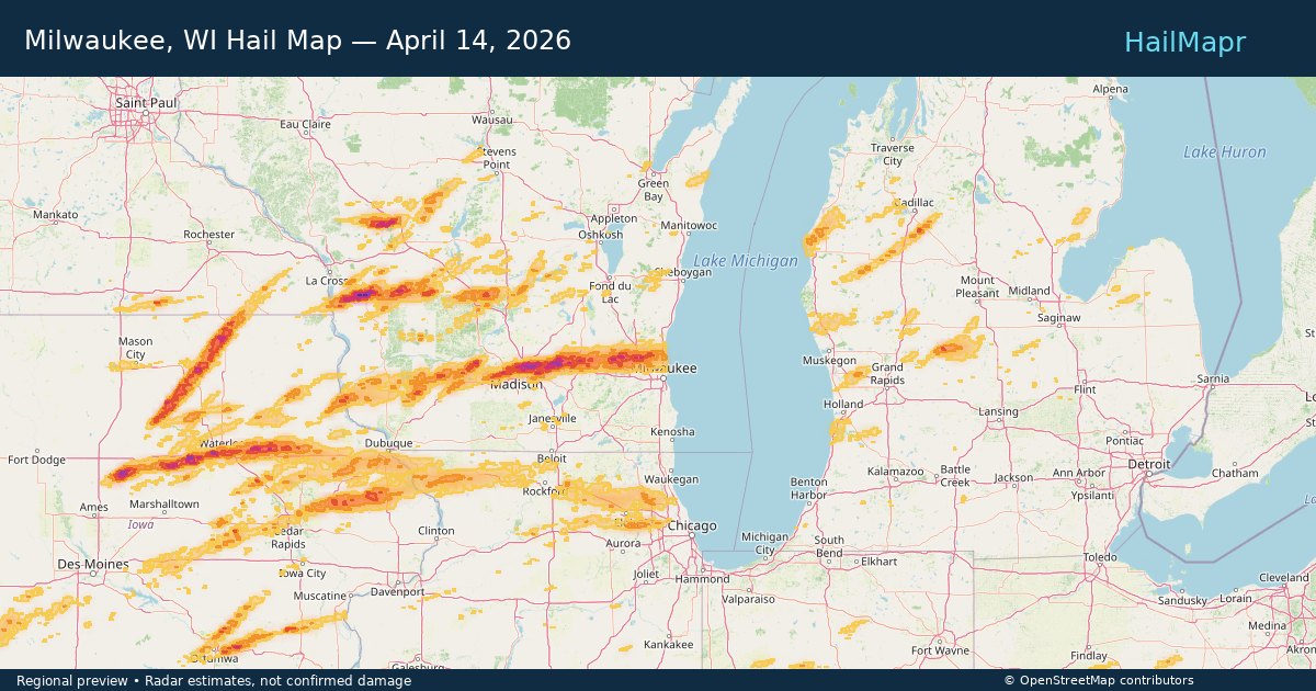 Milwaukee, WI Hail Map — April 14, 2026 — regional heatmap and storm polygons