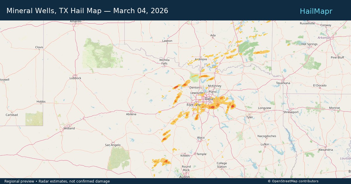 Mineral Wells, TX Hail Map — March 04, 2026 — regional heatmap and storm polygons