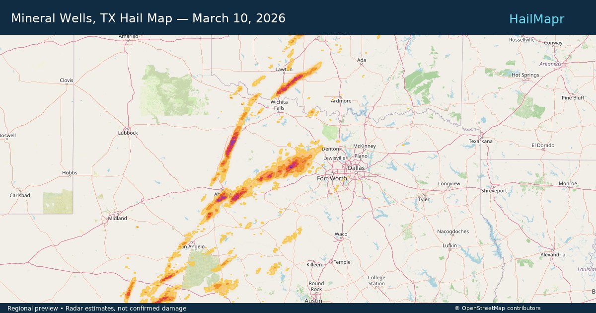 Mineral Wells, TX Hail Map — March 10, 2026 — regional heatmap and storm polygons