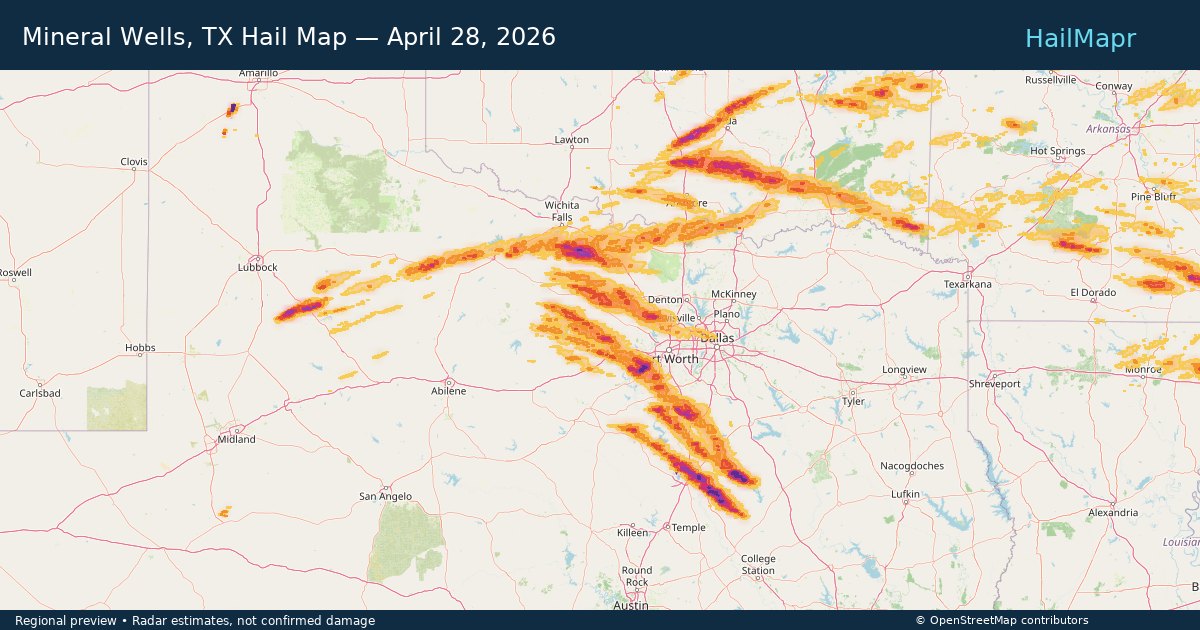 Mineral Wells, TX Hail Map — April 28, 2026 — regional heatmap and storm polygons