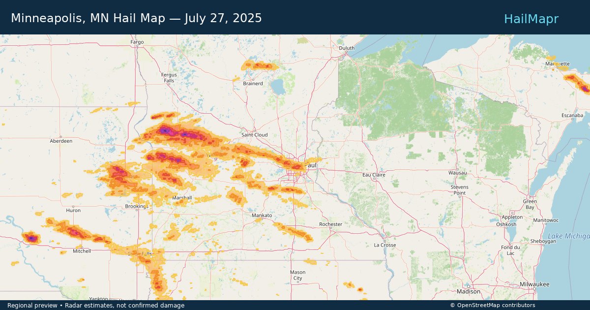 Minneapolis, MN Hail Map — July 27, 2025 — regional heatmap and storm polygons