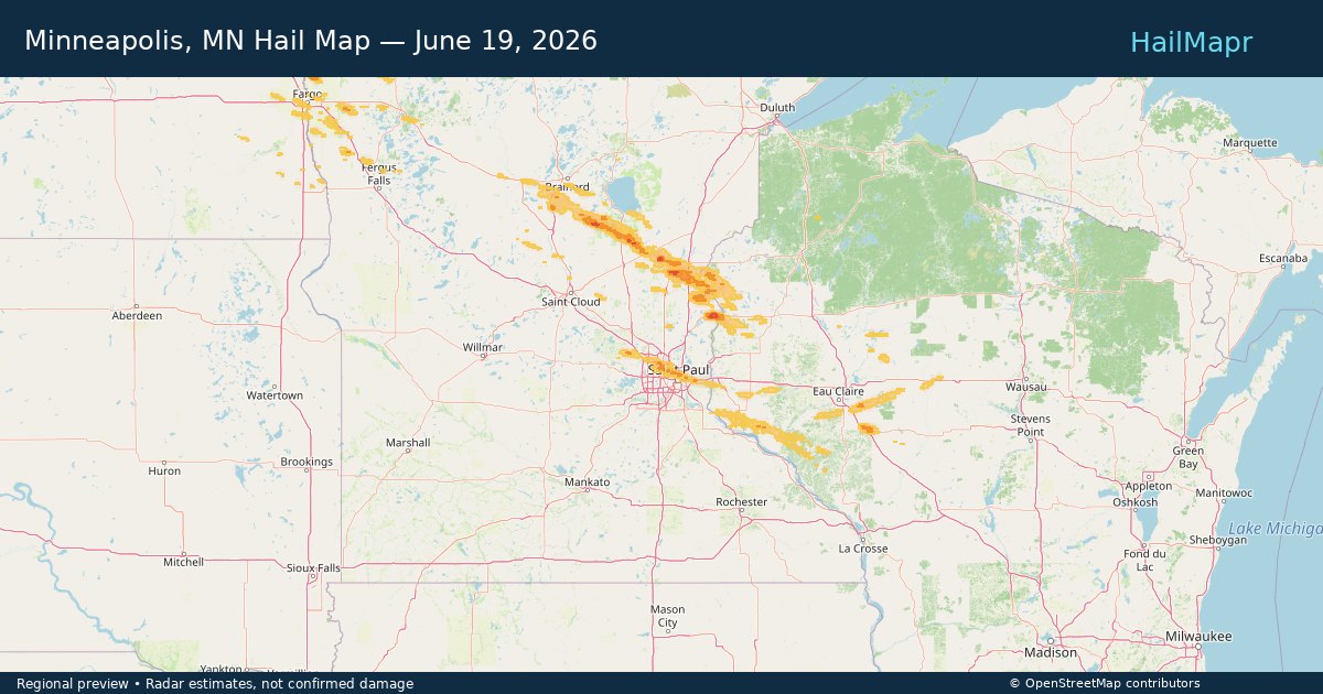 Minneapolis, MN Hail Map — June 19, 2026 — regional heatmap and storm polygons