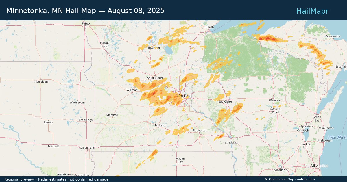 Minnetonka, MN Hail Map — August 08, 2025 — regional heatmap and storm polygons