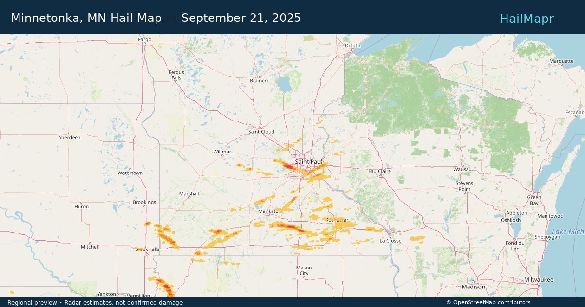 Minnetonka, MN Hail Map — September 21, 2025 — regional heatmap and storm polygons