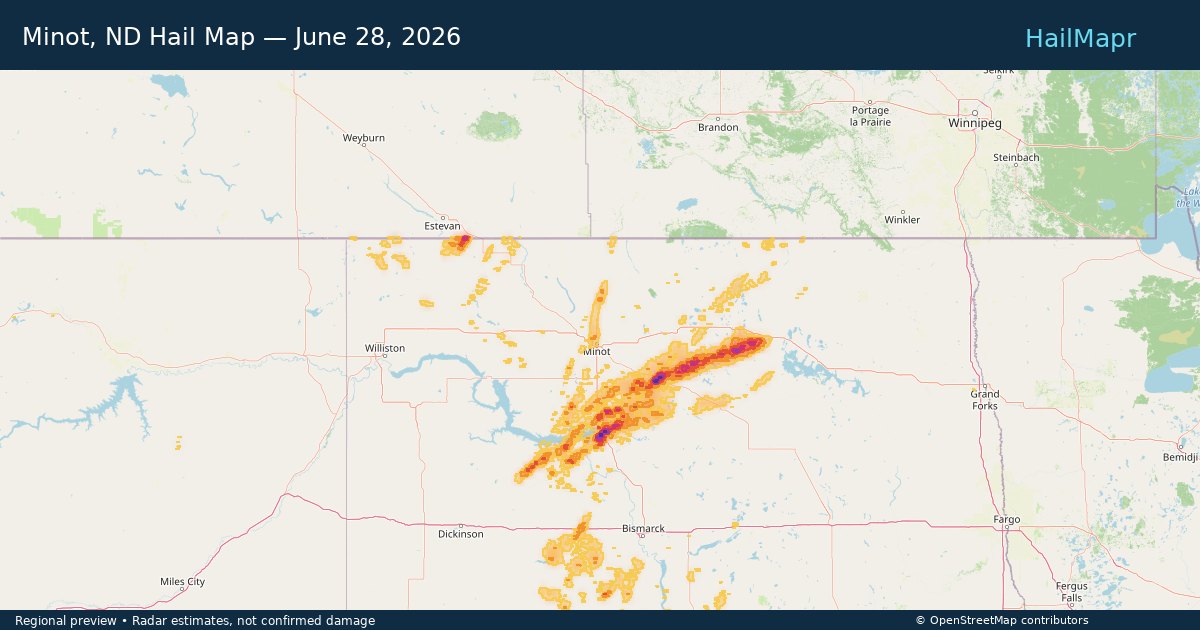 Minot, ND Hail Map — June 28, 2026 — regional heatmap and storm polygons