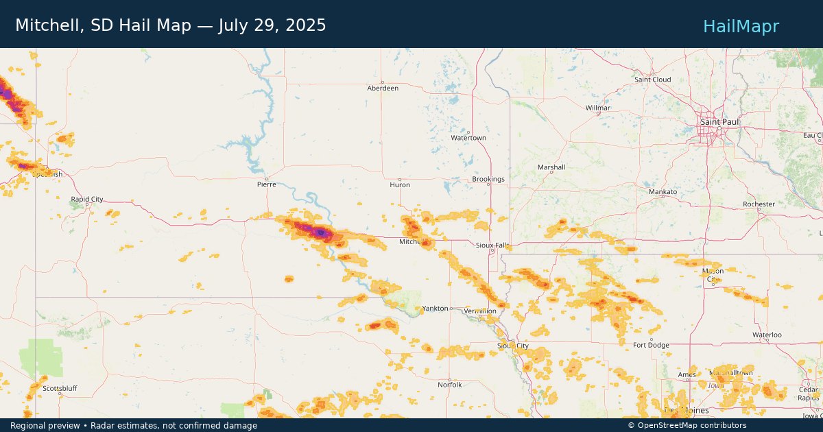 Mitchell, SD Hail Map — July 29, 2025 — regional heatmap and storm polygons