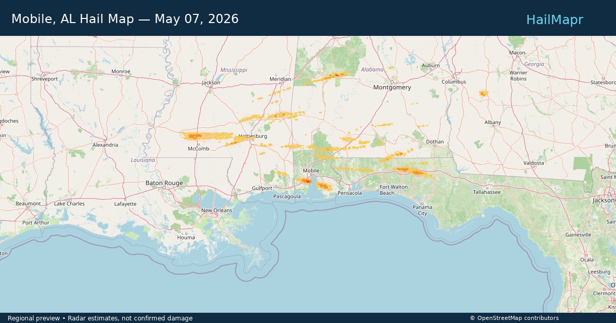 Mobile, AL Hail Map — May 07, 2026 — regional heatmap and storm polygons