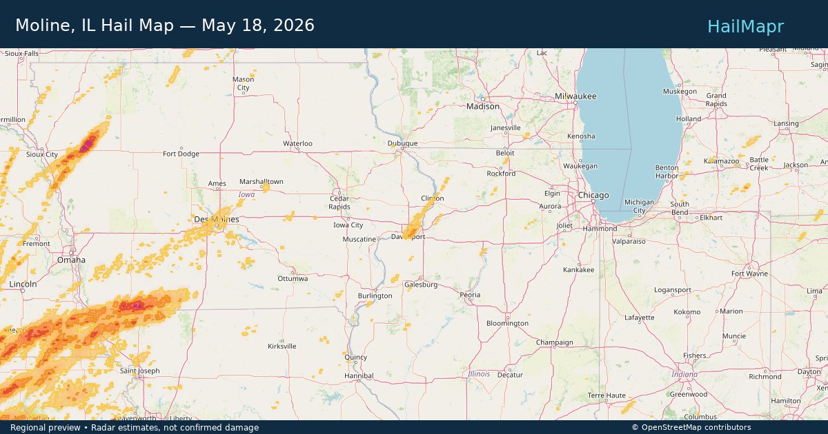 Moline, IL Hail Map — May 18, 2026 — regional heatmap and storm polygons