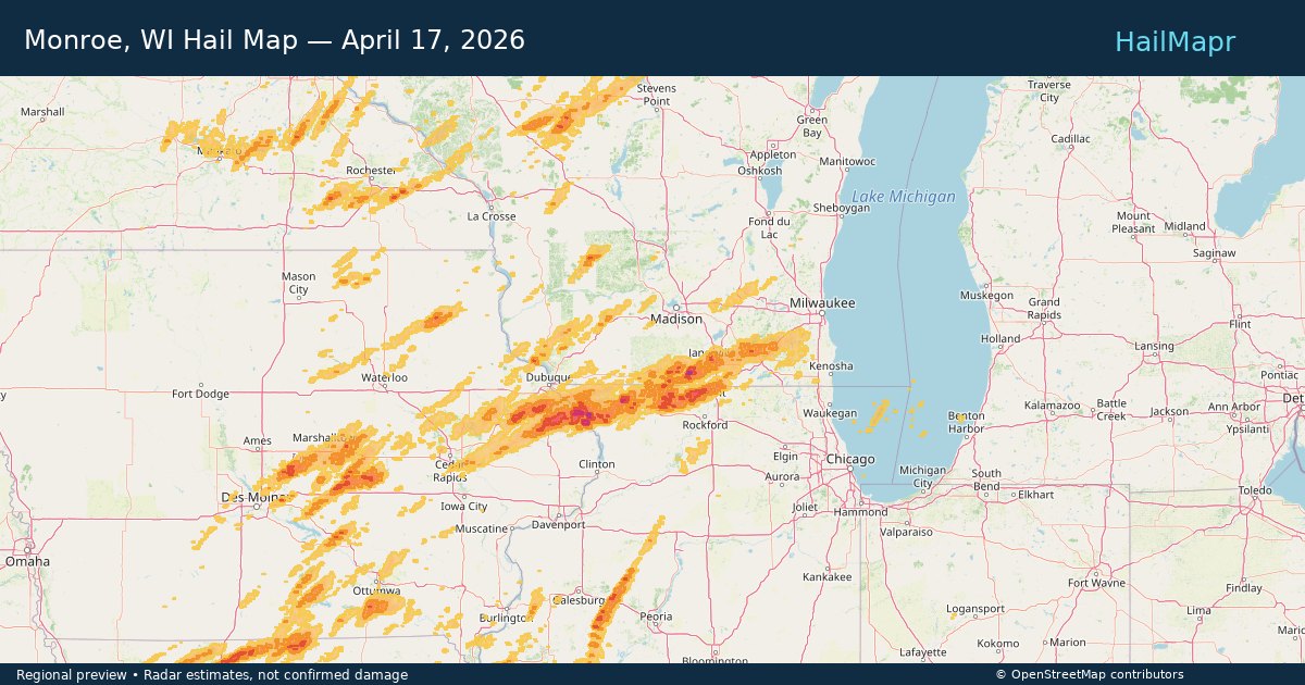 Monroe, WI Hail Map — April 17, 2026 — regional heatmap and storm polygons
