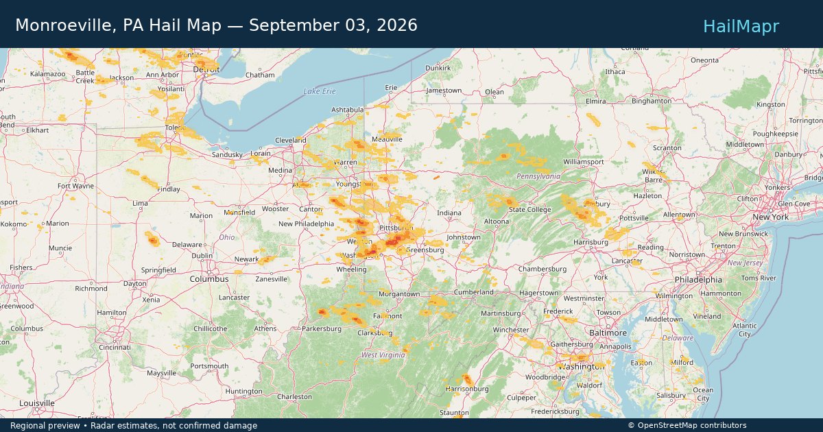 Monroeville, PA Hail Map — September 03, 2026 — regional heatmap and storm polygons