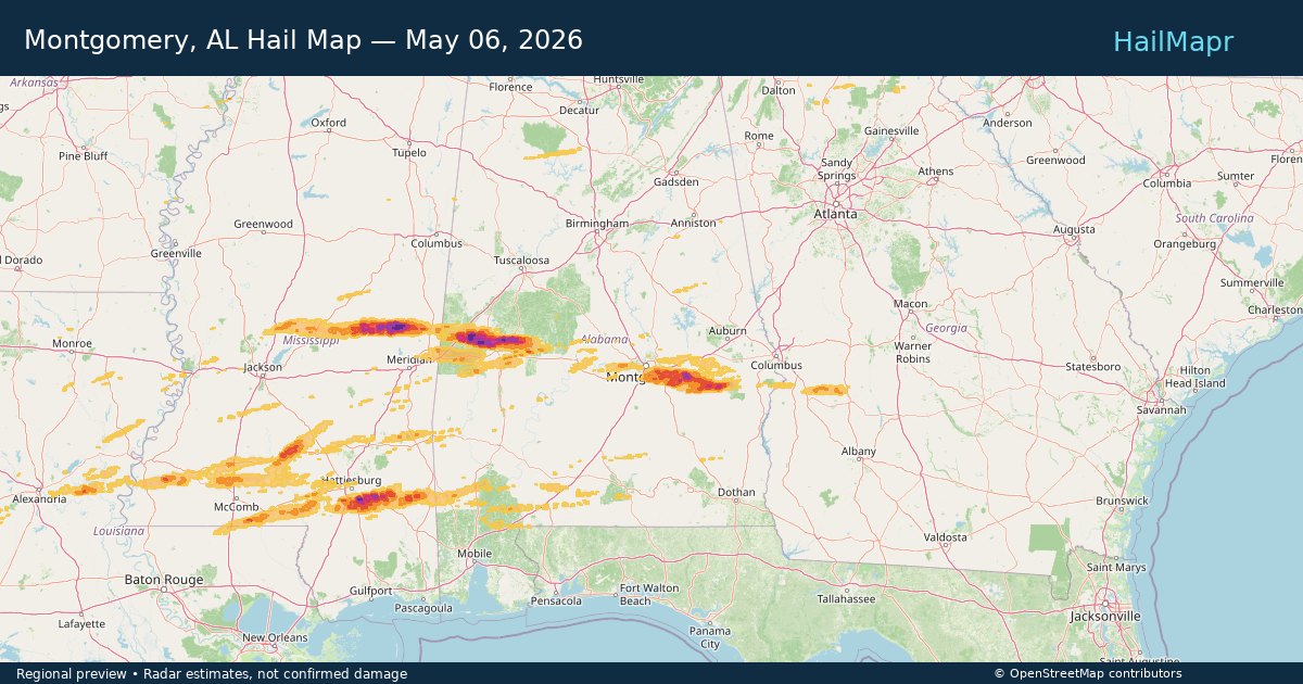 Montgomery, AL Hail Map — May 06, 2026 — regional heatmap and storm polygons