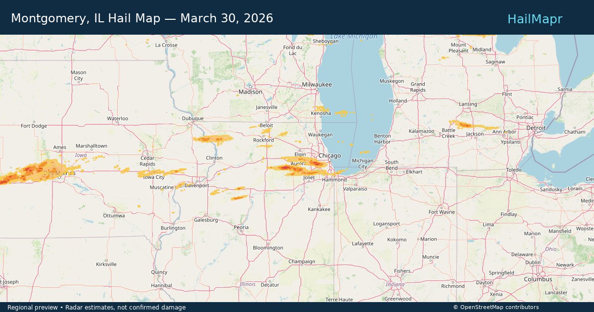 Montgomery, IL Hail Map — March 30, 2026 — regional heatmap and storm polygons