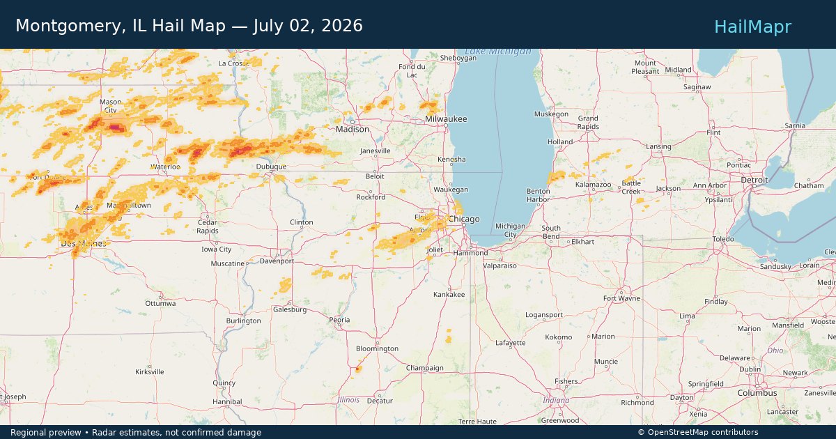 Montgomery, IL Hail Map — July 02, 2026 — regional heatmap and storm polygons