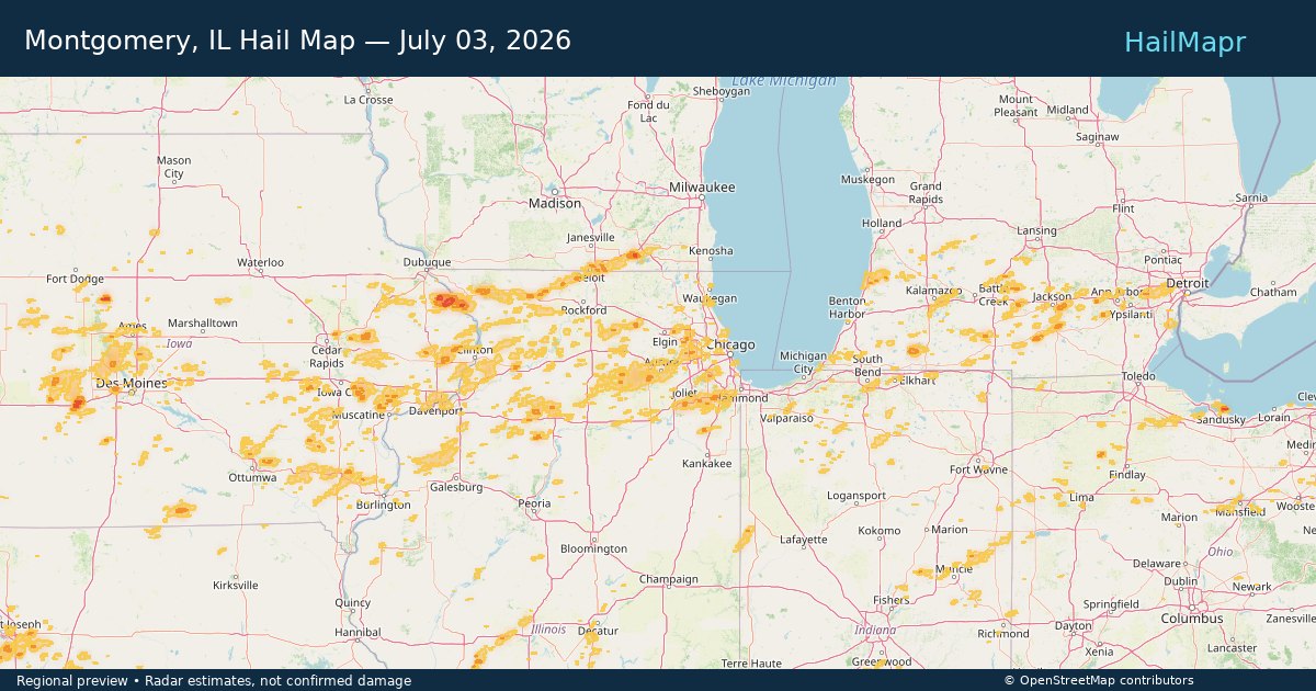 Montgomery, IL Hail Map — July 03, 2026 — regional heatmap and storm polygons