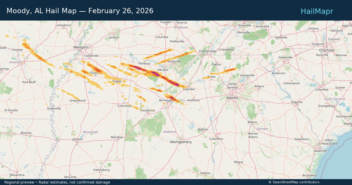 Moody, AL Hail Map — February 26, 2026 — regional heatmap and storm polygons
