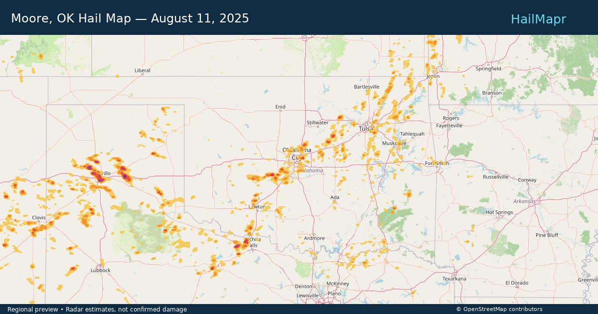 Moore, OK — August 11, 2025 — regional hail footprint preview
