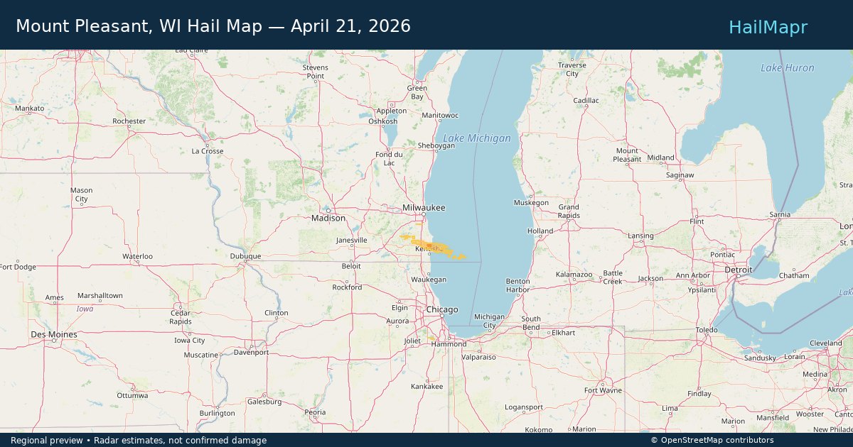 Mount Pleasant, WI — April 21, 2026 — regional hail footprint preview