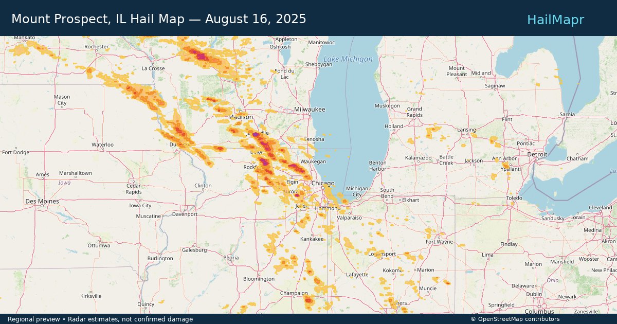 Mount Prospect, IL Hail Map — August 16, 2025 — regional heatmap and storm polygons
