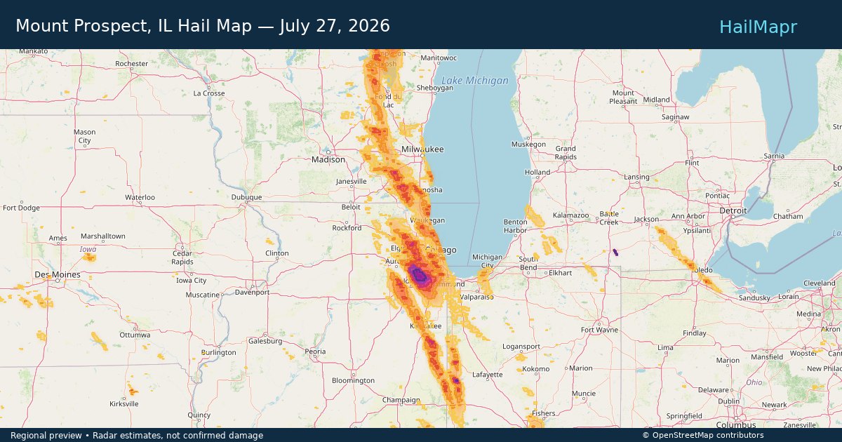 Mount Prospect, IL Hail Map — July 27, 2026 — regional heatmap and storm polygons