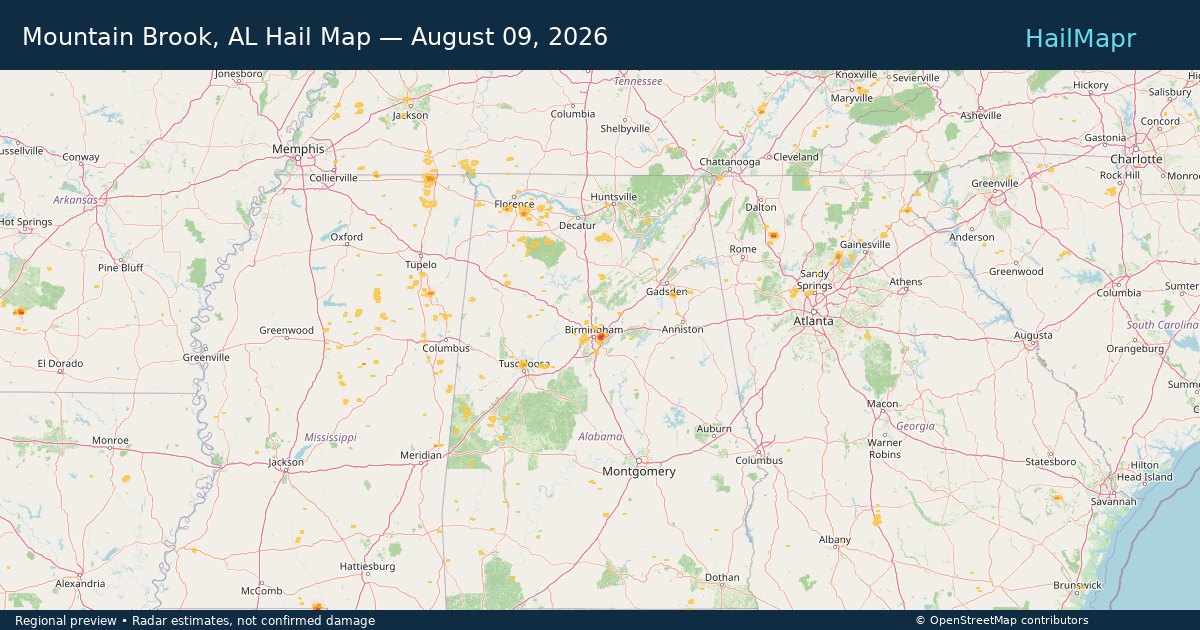 Mountain Brook, AL Hail Map — August 09, 2026 — regional heatmap and storm polygons