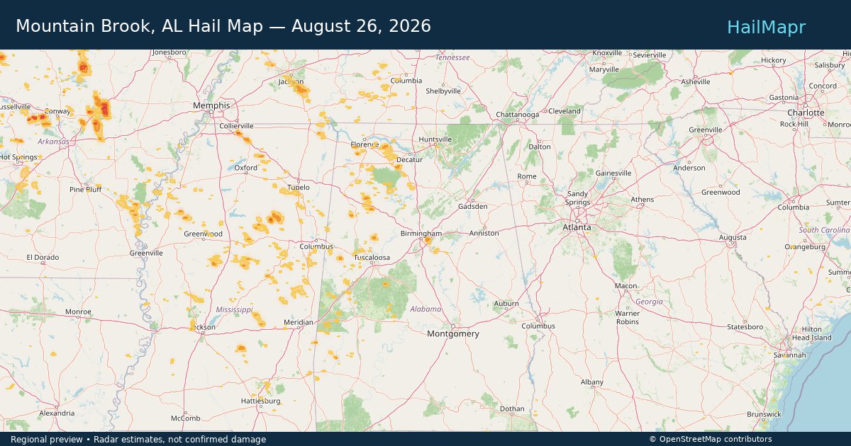 Mountain Brook, AL Hail Map — August 26, 2026 — regional heatmap and storm polygons