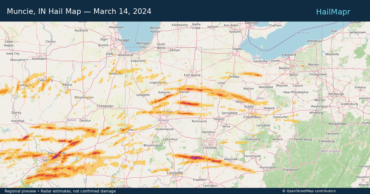 Muncie, IN Hail Map — March 14, 2024 — regional heatmap and storm polygons